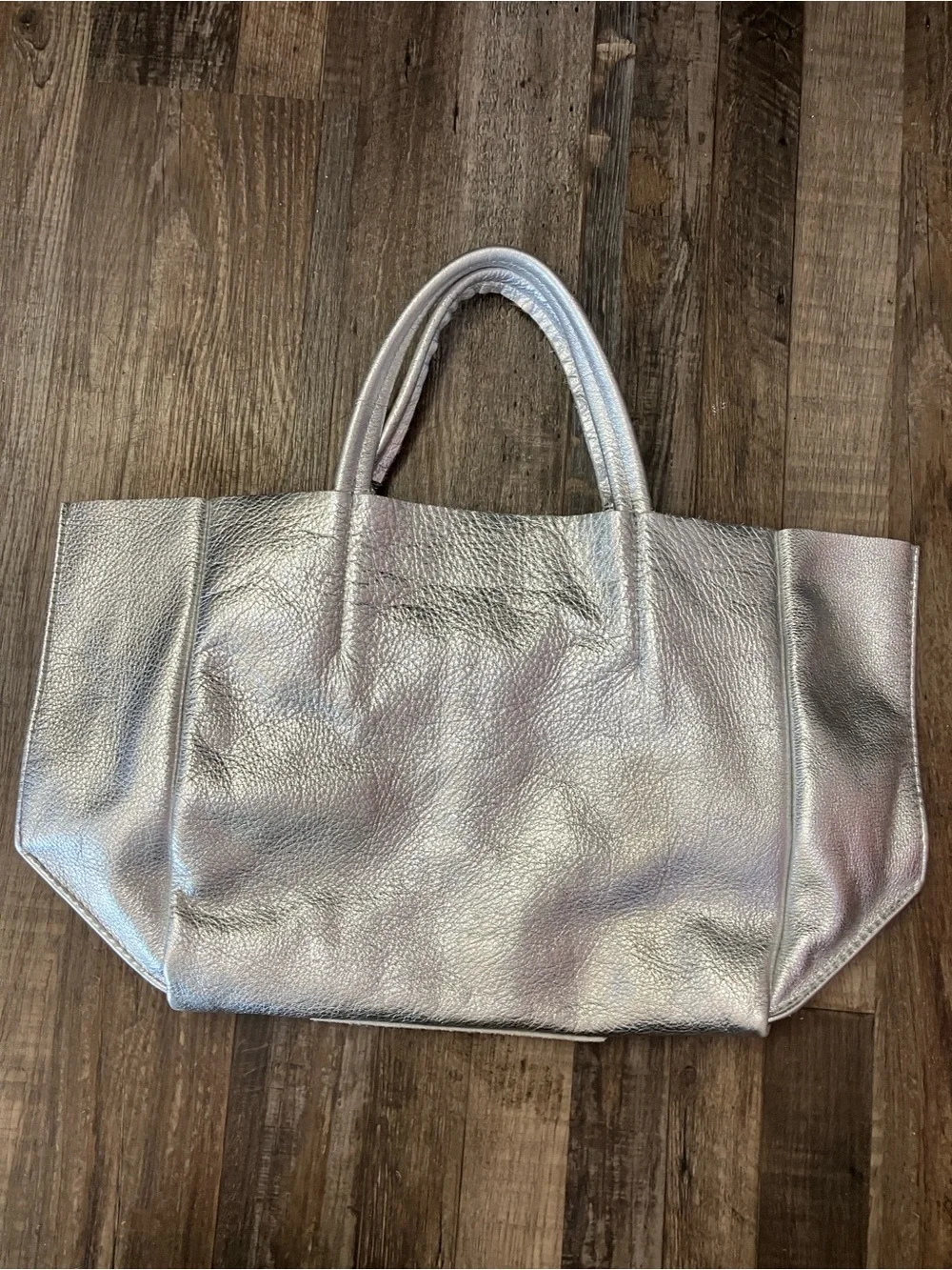 Ampersand As Apostrophe Sideways leather tote bag in a metallic silver finish